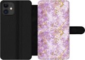 Bookcase Geschikt voor iPhone 12 Pro telefoonhoesje - Gold - Marmer print - Patroon - Paars - Met vakjes - Wallet case met magneetsluiting