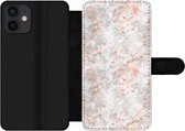 Bookcase Geschikt voor iPhone 12 telefoonhoesje - Rose goud - Marmer print - Wit - Patroon - Met vakjes - Wallet case met magneetsluiting