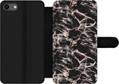 Bookcase Geschikt voor iPhone SE 2020 telefoonhoesje - Roségold - Marmer print - Patronen - Zwart - Met vakjes - Wallet case met magneetsluiting