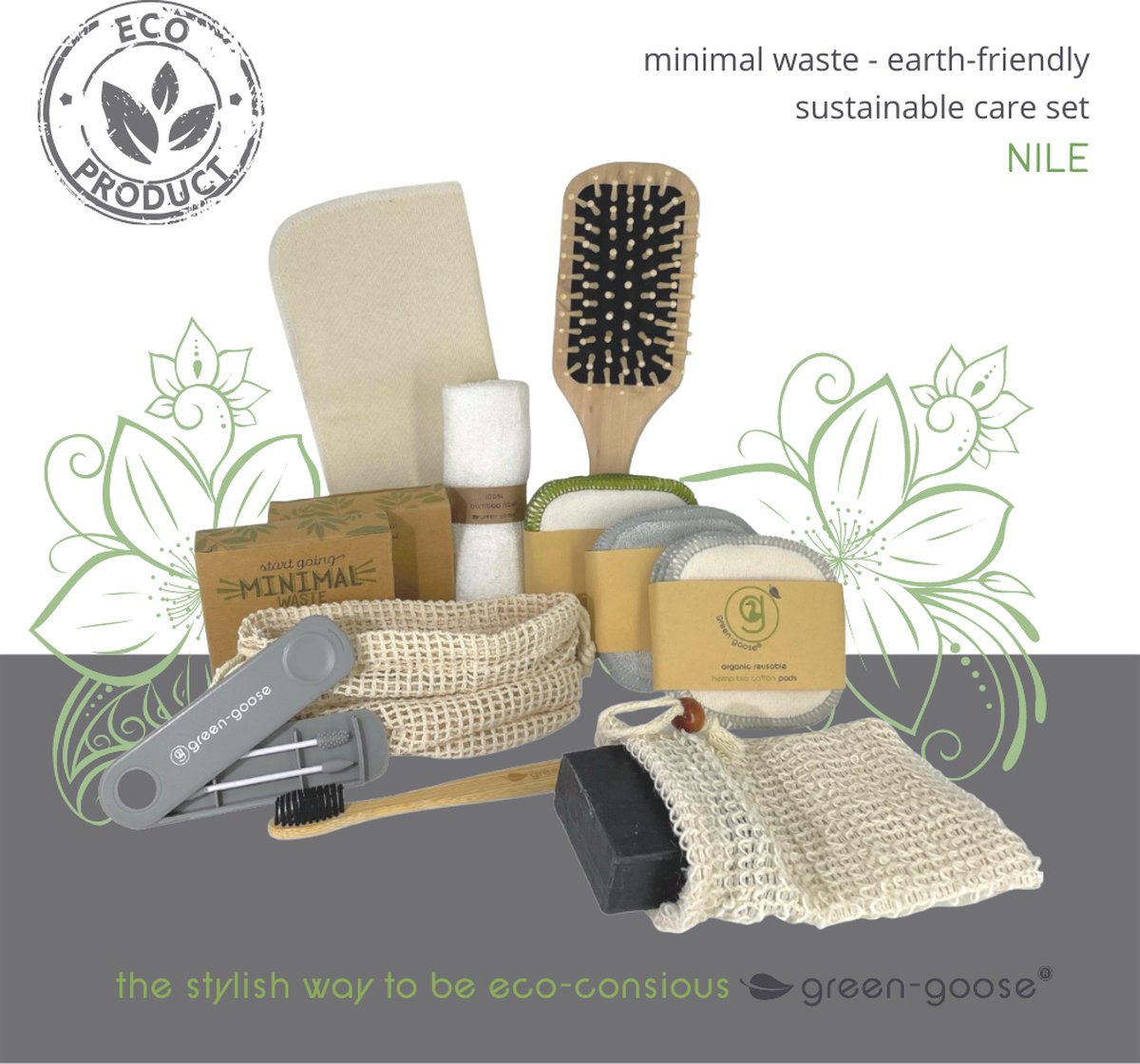 green-goose® Duurzaam Verzorgingspakket Nile | 12-delig | 15 Herbruikbare Wattenschijfjes | Gezichtreinigingsdoek | Mega Pad | Massage Haarborstel | Bamboe Wattenstaafjes | Bamboe Tandenborstel | Natuurlijk Houtskool Zeepje