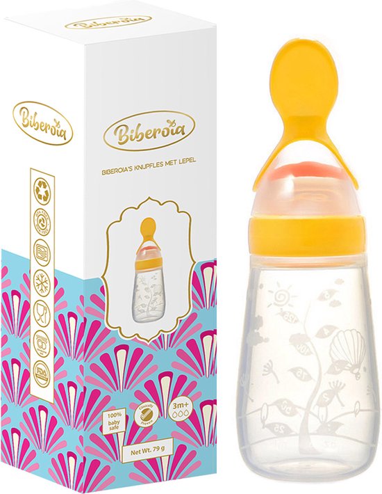 Babyflesje - Biberoia® Knijpfles met lepel – Drinkfles - Baby – Kinderbestek - Kraamcadeau – Babyshower – Geel