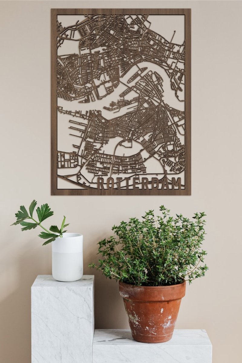 Houten Stadskaart Rotterdam Notenhout 50x70cm Wanddecoratie Voor Aan De Muur City Shapes