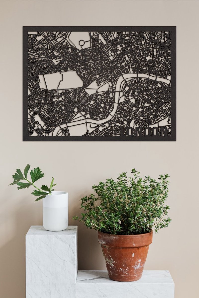 Houten Stadskaart London Zwart Mdf 50x70cm Wanddecoratie Voor Aan De Muur City Shapes