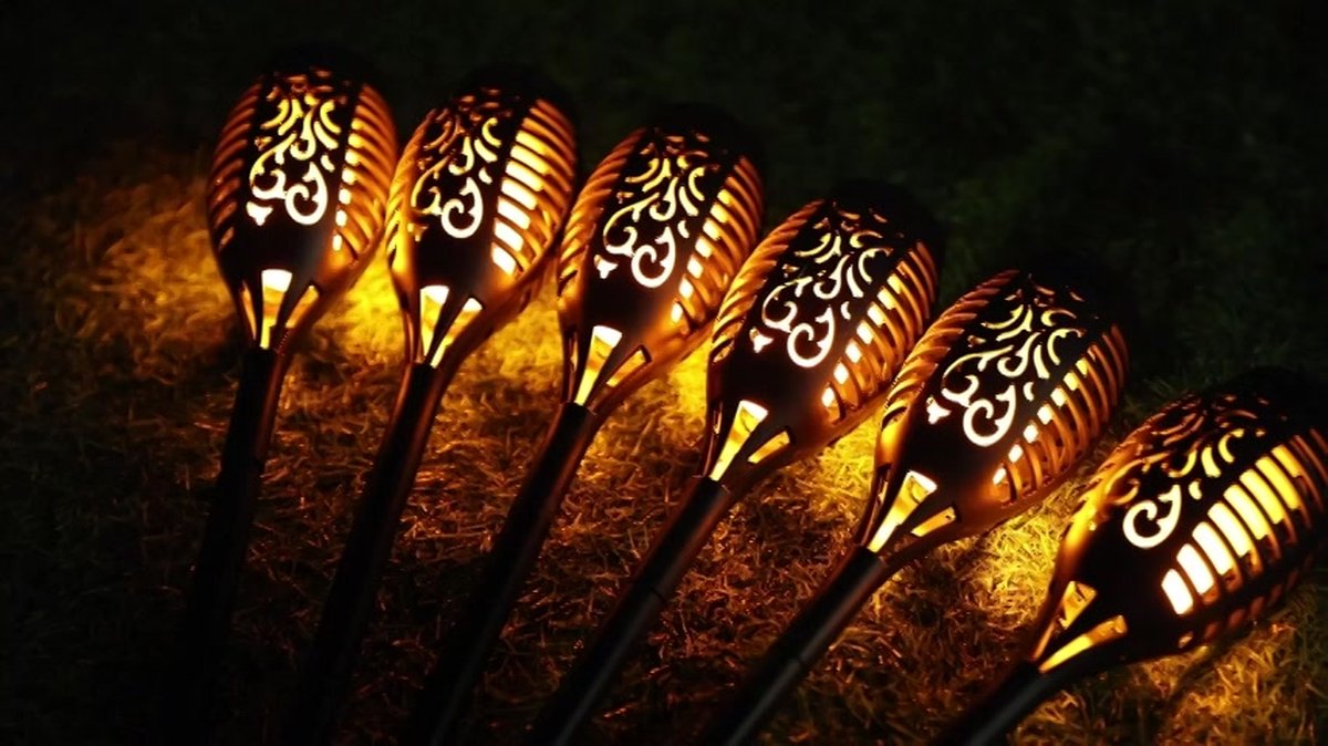 2x Stuks Solar Tuinfakkel-tuinlamp Geel Op Zonne-energie 61 Cm   Fakkels