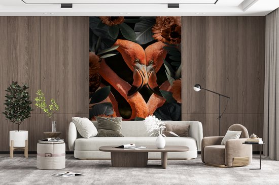 Deux flamants roses entre les feuilles et les fleurs 160x240 cm