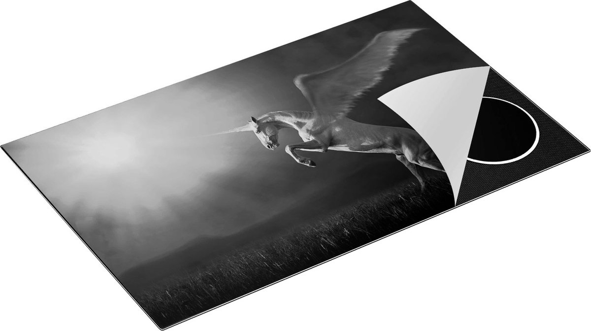 Chefcare Inductie Beschermer Eenhoorn met Vleugels in het Gras - Zwart Wit - 85x50 cm - Afdekplaat Inductie - Kookplaat Beschermer - Inductie Mat