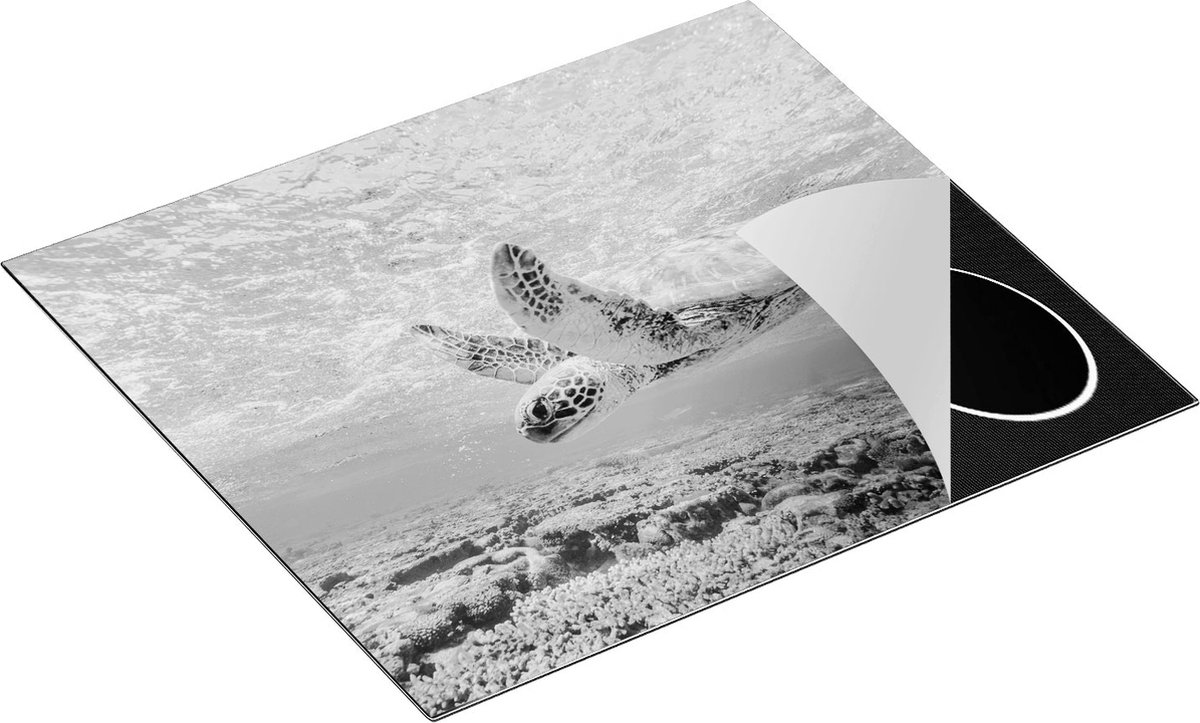 Chefcare Inductie Beschermer Schildpad Zwemt in de Zee bij het Rif - Zwart Wit - 58,3x51,3 cm - Afdekplaat Inductie - Kookplaat Beschermer - Inductie Mat