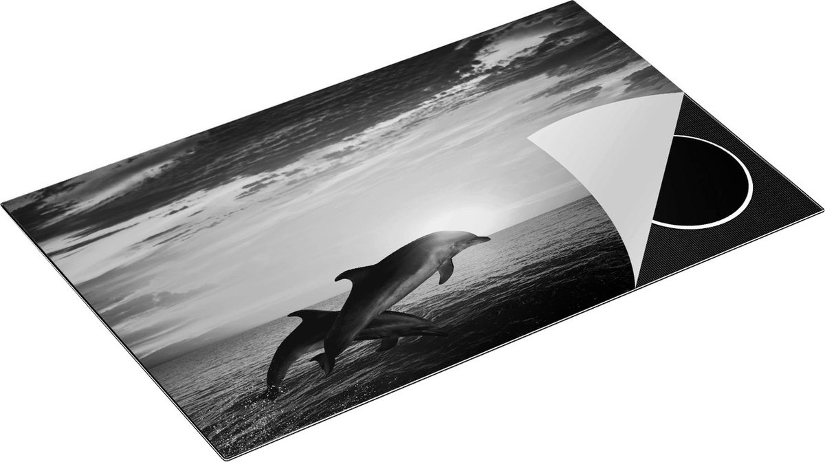 Chefcare Inductie Beschermer Twee Dolfijnen bij de Zonsondergang - Zwart Wit - 85x52 cm - Afdekplaat Inductie - Kookplaat Beschermer - Inductie Mat