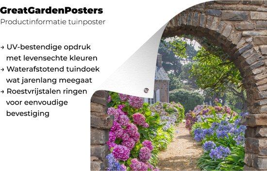 Affiche de jardin - Transparente - Hortensia - Fleurs - Maison - Jardin - 40x60 cm - Décoration de clôture - Toile de jardin