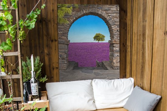 Affiche de jardin - Vue - Lavande - Arbre - Fleurs - Paysage - 90x120 cm - Décoration de clôture - Toile de jardin