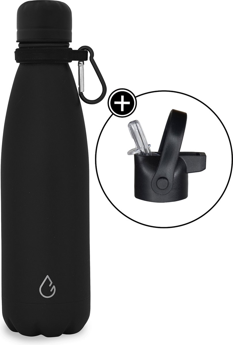 Wattamula Luxe design eco RVS drinkfles - zwart - extra dop met rietje en carrier - 500 ml - waterfles - thermosfles - sport