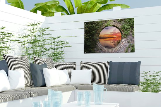 Affiche de jardin - Lac - Vue à travers - Soleil - Water - Toile de clôture - 60x40 cm - Peinture de jardin - Toile de jardin