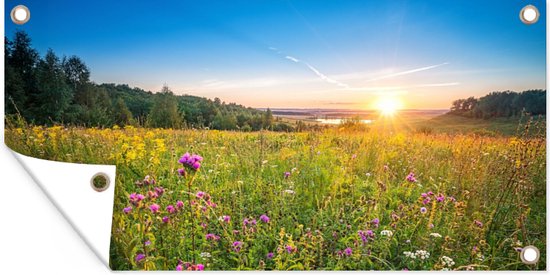 Bloem - Tuinposter - Gras - Groen - Schutting decoratie- Boom - Tuin - Tuindecoratie - 80x40 cm - Tuindoek - Buitenposter