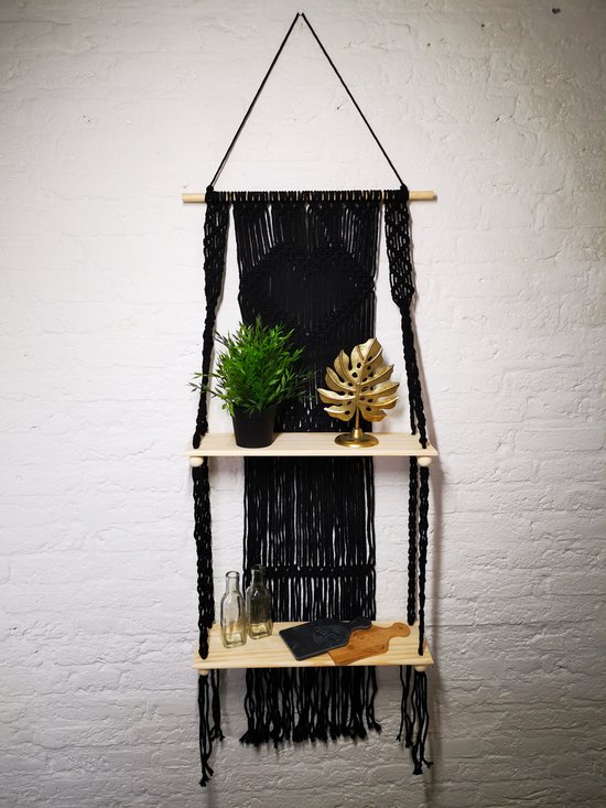Macramé Wanddecoratie - Zwart - Wandkleed - Plantenhanger - 150x50cm - met planken - Home Decoratie - Muuropknoping - Wandhanger - Woonkamer