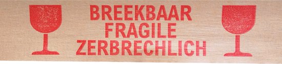 Kortpack - Papertape met opdruk: Breekbaar/Fragile/Zerbrechlich - 50mm breed x 50mtr lang - 36 rollen per verpakking - Bruine tape et rode opdruk - Waarschuwingstape - (020.4530) - Kortpack