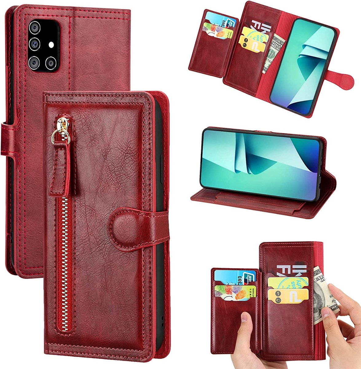 Bookcase Hoesje Geschikt voor: Samsung Galaxy A32 4G met ritssluiting - Flipcover - Magnetisch - 5 kaarten houder - Rood