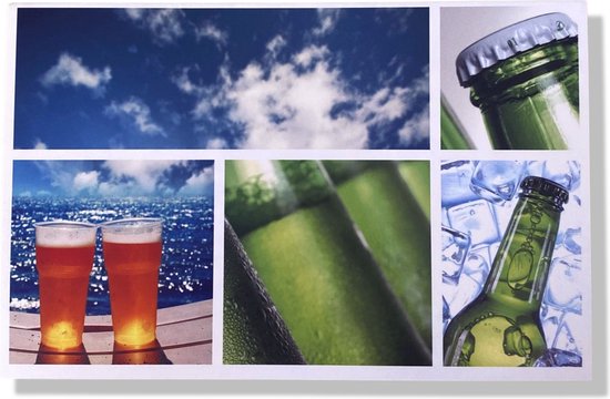 Collage met blauwe lucht, twee glazen bier, groene bierflessen en een voetbal.