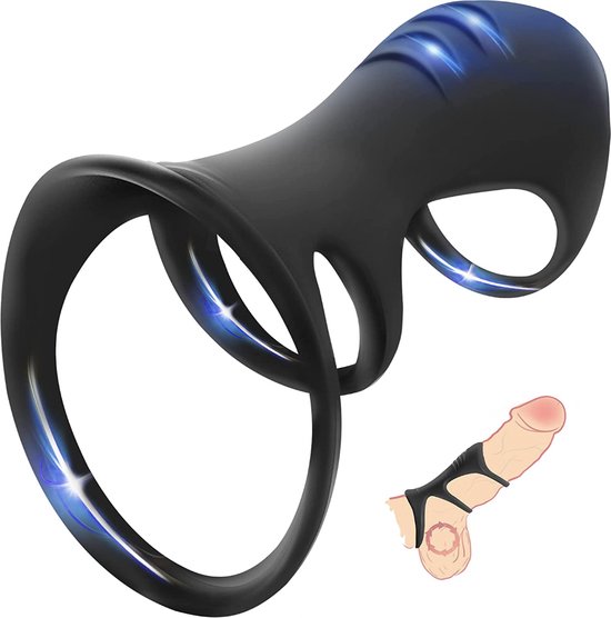 Zwarte cockring met blauwe lichteffecten en een afbeelding van een penis.