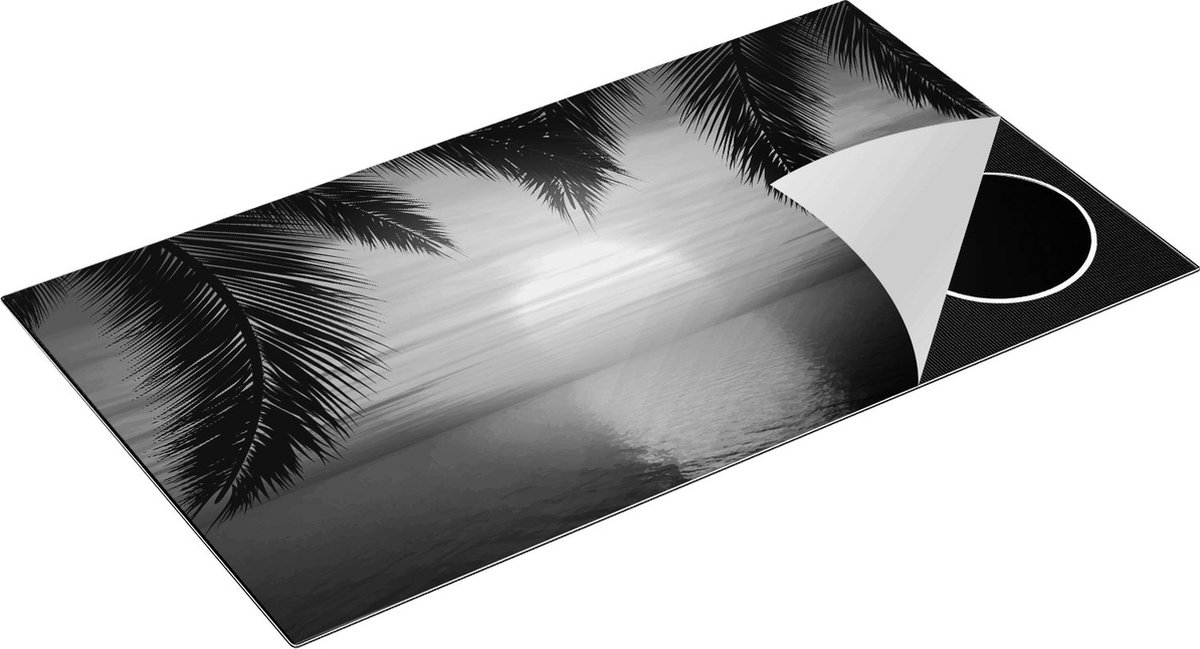 Chefcare Inductie Beschermer Zonsondergang op het Strand met Palmbomen - Zwart Wit - 95x50 cm - Afdekplaat Inductie - Kookplaat Beschermer - Inductie Mat