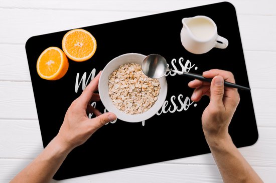 Set de table - Napperons en plastique - Citations - Café - Plus d'espresso Moins depresso - Proverbes - Espresso - 45x30 cm - 6 pièces - Résistant à la chaleur - Antidérapant - Pad - Amovible