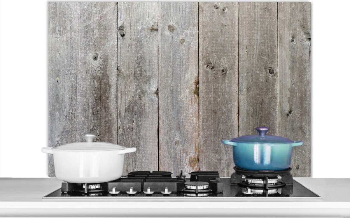 Spatscherm keuken - Spatbord - Houten plank - Structuur - Grijs - Hout - Spatwand -100x65 cm