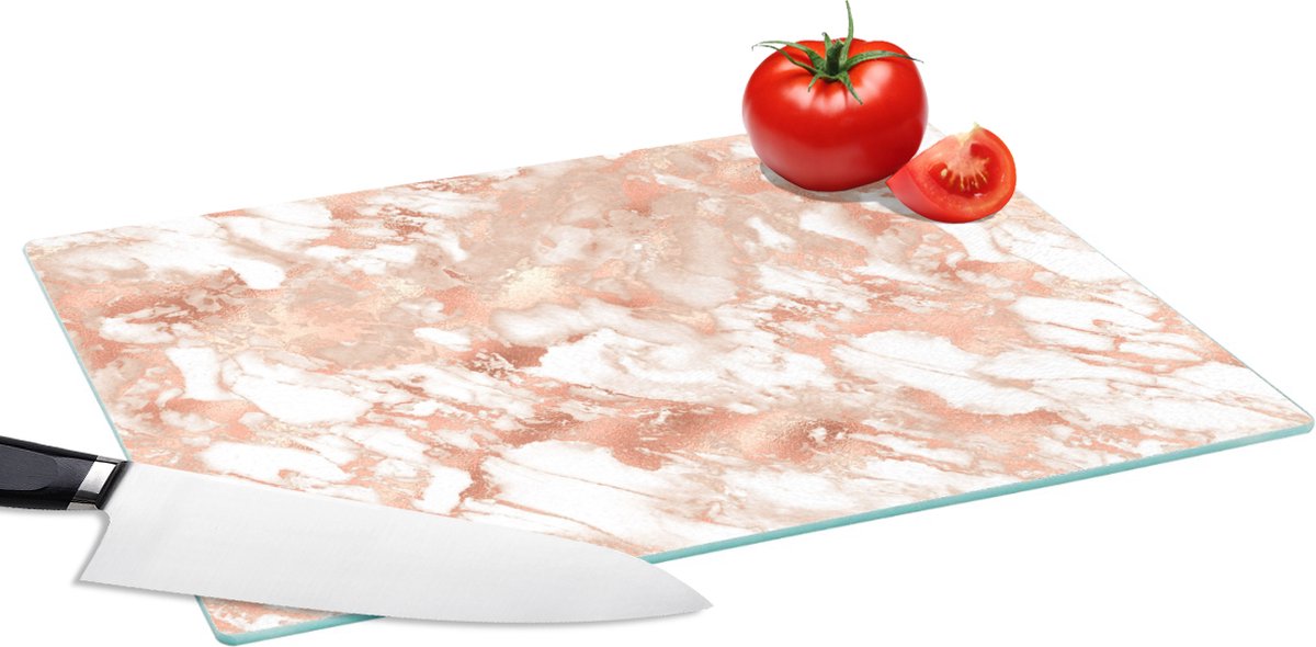 Glazen Snijplank - 39x28 - Marmer - Wit - Rose gold - Snijplanken Glas