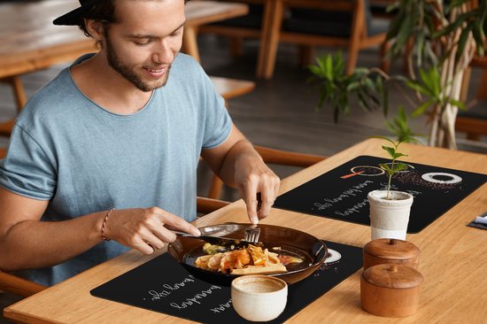 Set de table - Napperons de table plastique - Cuisine - Que le café soit fort - Café - Espresso - 45x30 cm - 6 pièces - Résistant à la chaleur - Antidérapant - Coussin - Amovible