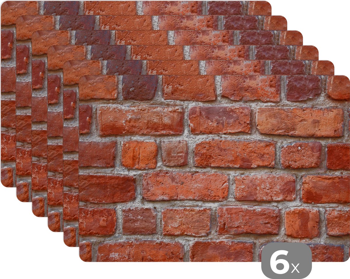 Placemats - Baksteen - Rood - Muur - Tafelonderlegger - Placemat - Onderlegger -45x30 cm - 6 stuks