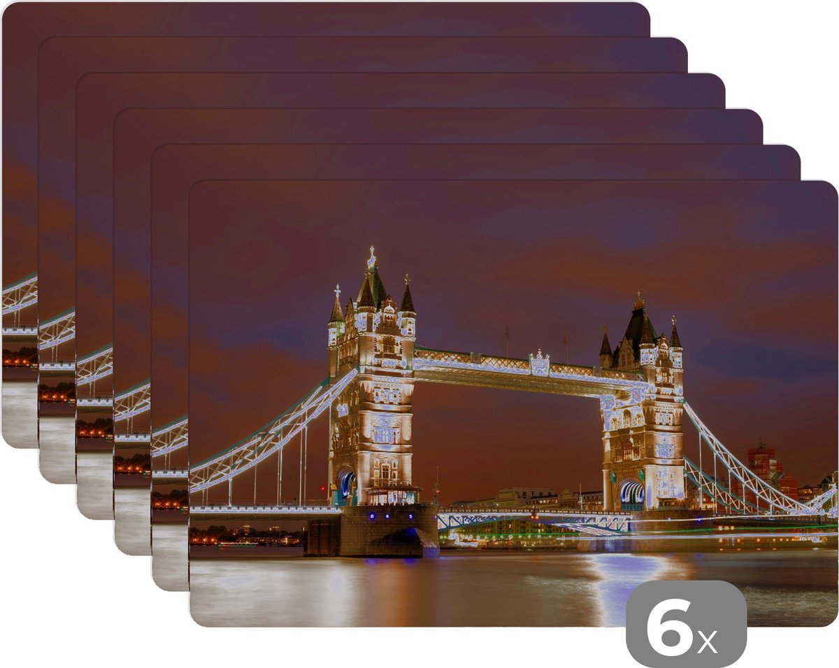 Placemats - London - Tower Bridge - Verlichting - Brug - Licht - Onderleggers - Placemats - Onderleggers placemats - 45x30 cm - 6 stuks