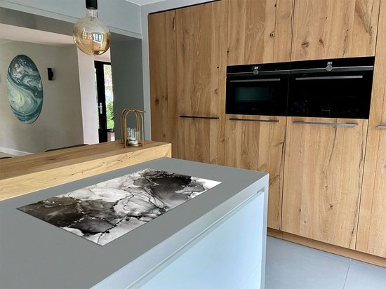 Chefcare Inductie Beschermer Abstracte Kunst - Rood Blauw Wit Beige Marmer - Zwart Wit - 95x55 cm - Afdekplaat Inductie - Kookplaat Beschermer - Inductie Mat