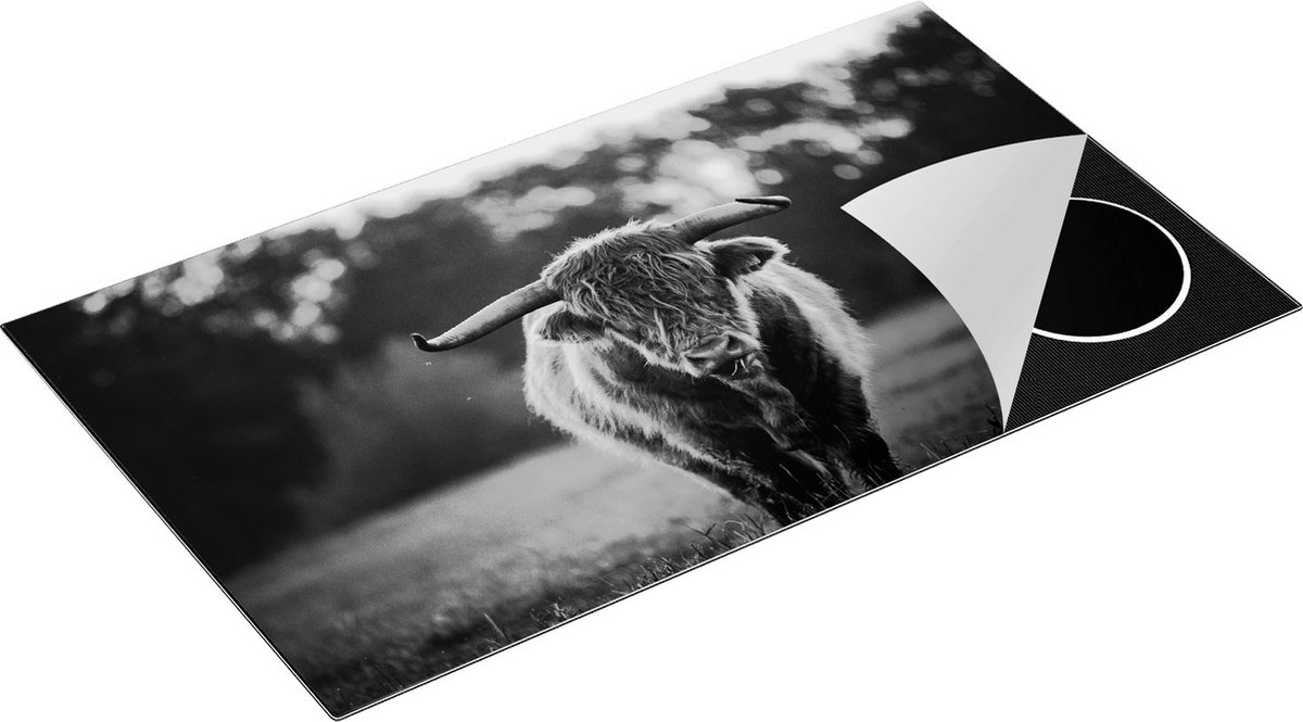 Chefcare Inductie Beschermer Schotse Hooglander in het Veld bij Zonsondergang - Zwart Wit - 91,2x52 cm - Afdekplaat Inductie - Kookplaat Beschermer - Inductie Mat