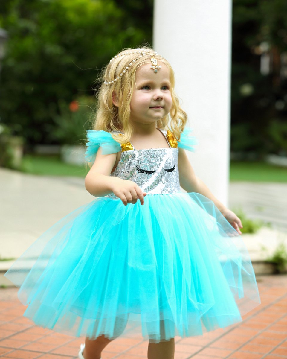 Supercute eenhoornjurk turqoise met vleugels maat 80