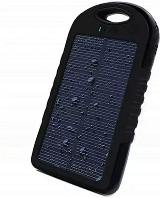 Draagbare zonnelader met dubbele USB + karabijn + zaklamp - 5000 mah - zwart