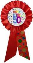 rozet Happy Birthday 50 jaar 15 cm polyester rood/wit