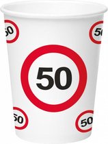 feestbekers '50' 350 ml papier wit/rood 8 stuks