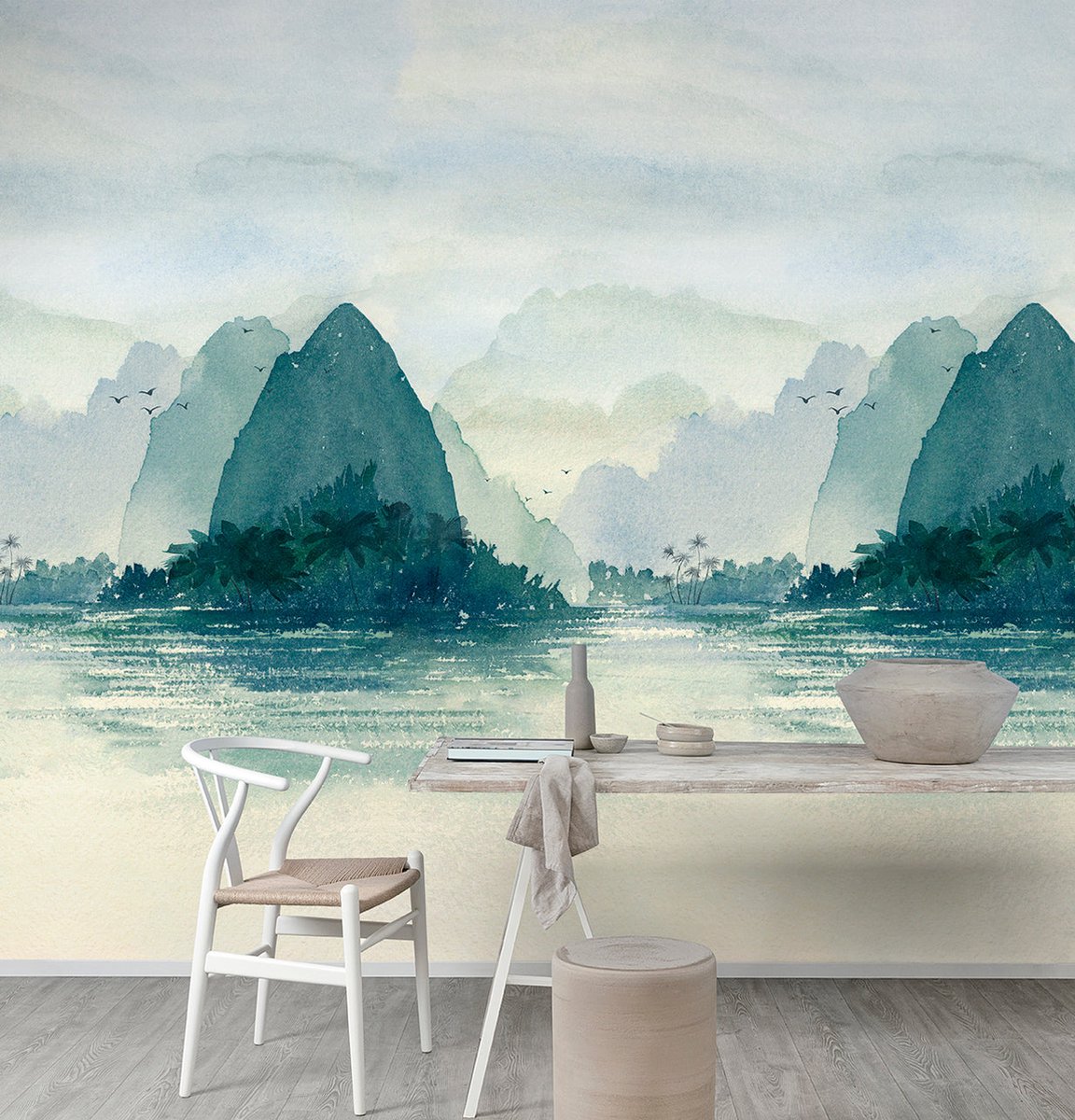 WallHaus - Panoramisch Behang Lake Landscape - Groen Grijs - 200cm x 280cm