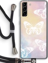 Case Company® - Samsung Galaxy S21 Plus hoesje met Koord - White butterfly - Telefoonhoesje met Zwart Koord - Bescherming aan alle Kanten en Over de Schermrand