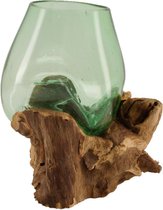 Balivie - Vaas - Handgemaakt - Geblazen - Gesmolten glas - op - Teakhout stronk - Uit - Bali - 28x22x26cm
