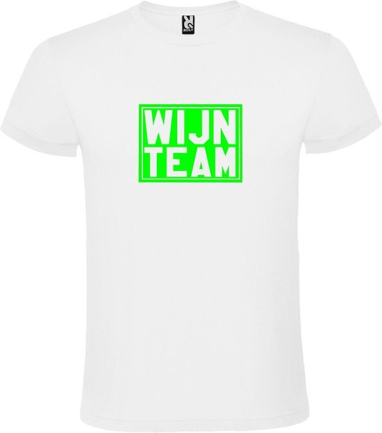 Wit T shirt met print van " Wijn Team " print Neon Groen size XXXXXL