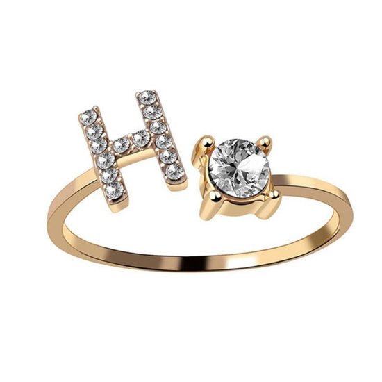 Ring Met Letter - Ring Met Steen - Letter Ring - Ring Letter - Initial Ring - (Zilver 925) Gold-Plated Letter H - Cadeautje voor haar