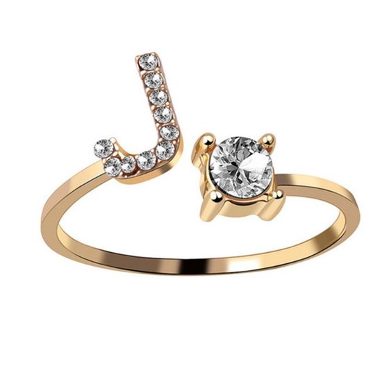 Ring Met Letter - Ring Met Steen - Letter Ring - Ring Letter - Initial Ring - (Zilver 925) Gold-Plated Letter J - Cadeautje voor haar