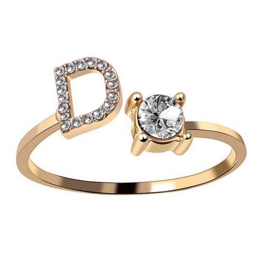 Ring Met Letter - Ring Met Steen - Letter Ring - Ring Letter - Initial Ring - (Zilver) Gold-Plated Letter D - Cadeautje voor haar