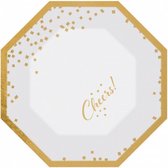 feestbord 8-hoekig 20 cm karton wit/goud 6 stuks