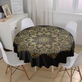 Rond Tafelkleed Ø140cm - De Groen Home - Gold mandala op zwart - Bedrukt Velvet Textiel - Tafellaken