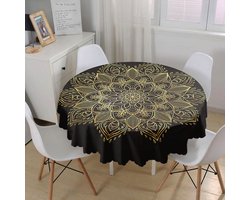 Rond Tafelkleed Ø140cm - De Groen Home - Gold mandala op zwart - Bedrukt Velvet Textiel - Tafelkleden - Tafellaken