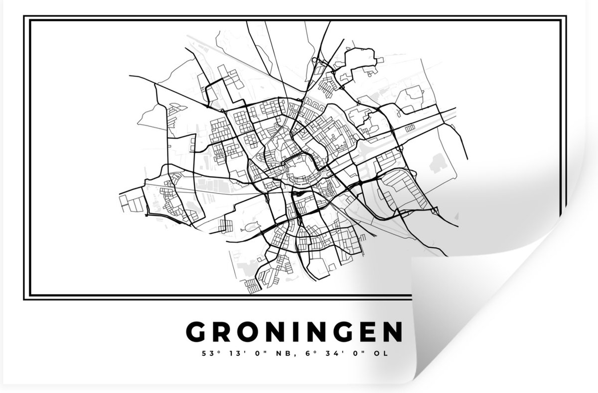 Muurstickers - Sticker Folie - Stadskaart – Zwart Wit - Kaart – Groningen – Nederland – Pl