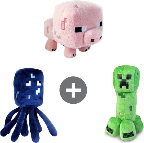 Minecraft Knuffels Set van 3 - Pluche - Creeper/Pig/Octopus - Circa 22 cm - Speelgoed