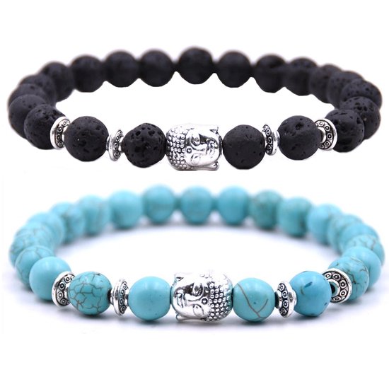 Foto: Kralen armband buddha boedha bedel armband dames heren unisex natuursteen kralen bandje elastiek 19 cm 8mm stenen armbandenset 2 stuks vulkanisch zwart turquoise