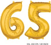 Mega grand ballon en feuille d'or XXL 65 ans.  Retraite, âge anniversaire 65 ans. 102 cm 40 pouces. Avec paille pour gonfler les ballons.
