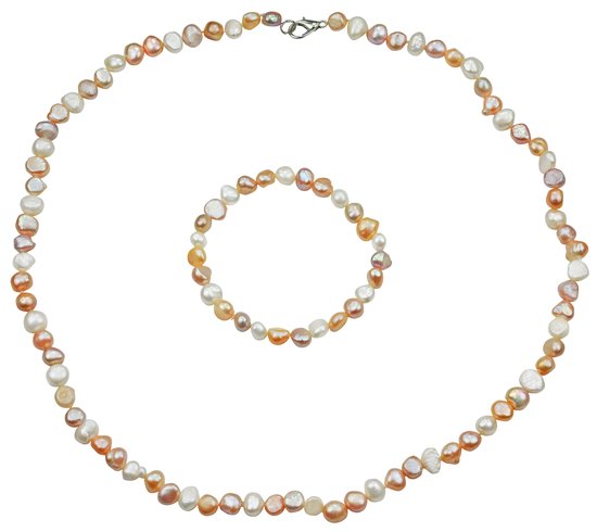 Zoetwater parel set Pearl Soft Colors Small - parelketting + parel armband - echte parels - sterling zilver (925) - handgeknoopt - wit zalm - roze - zilver